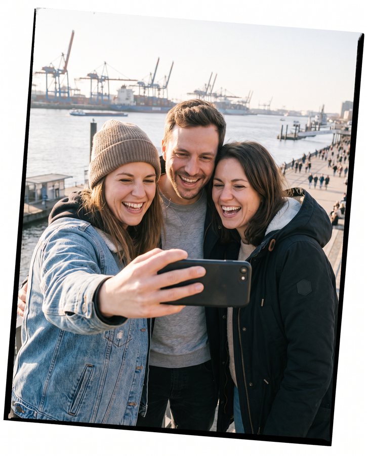 Handy-Selfie von drei Freunden am Hamburger Hafen