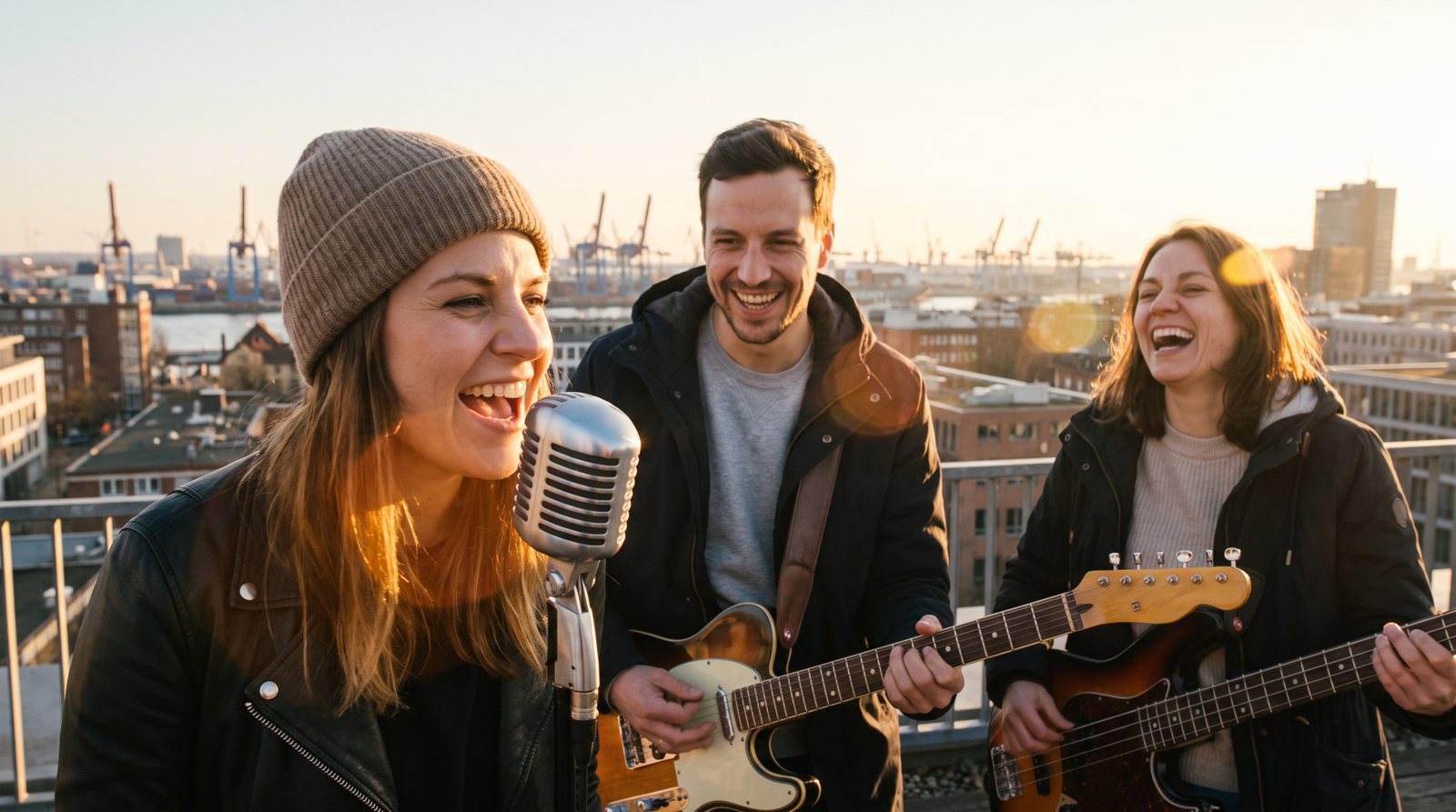 Dieselben drei als Band auf einer Dachbühne über Hamburg