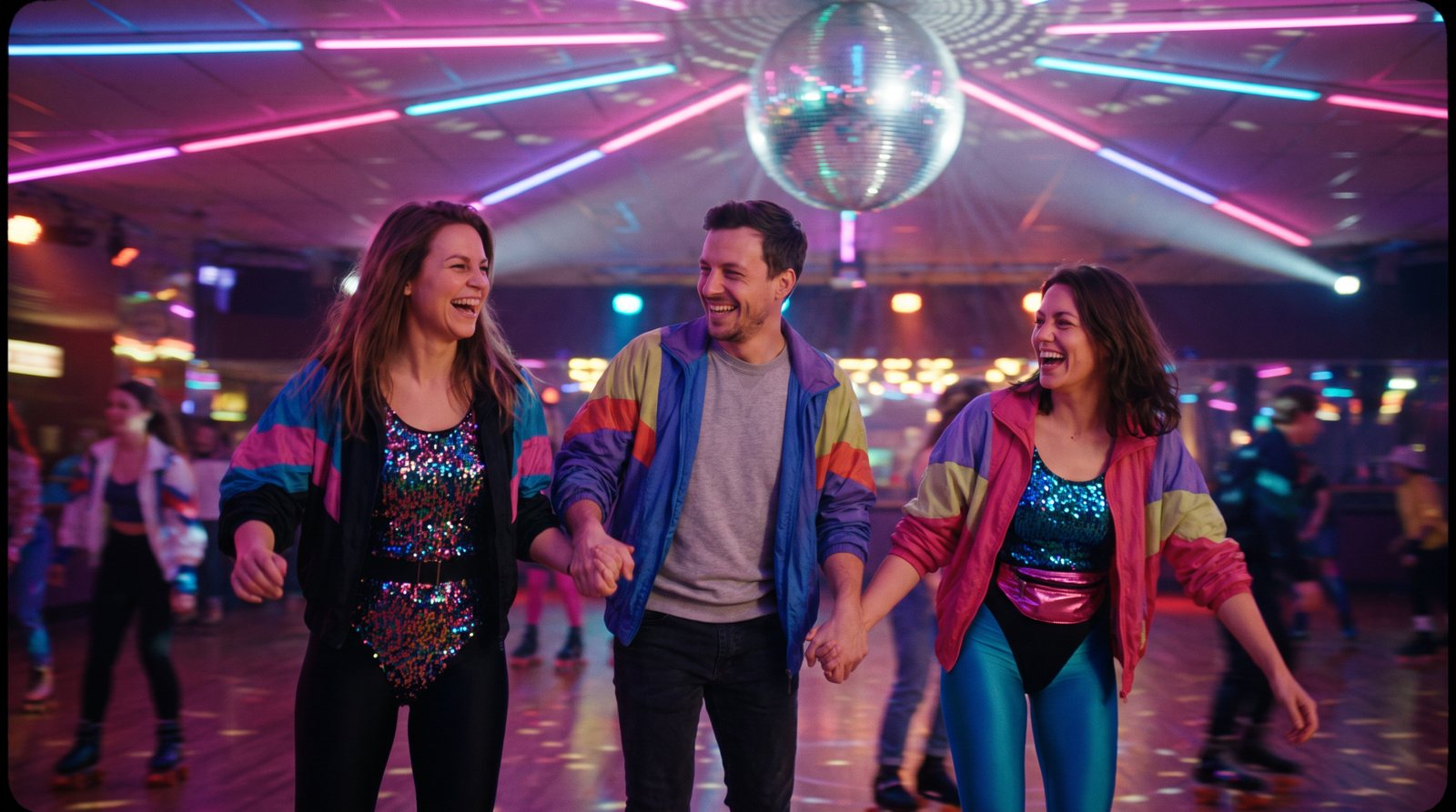 Die Freunde in einer 80er-Rollerdisco