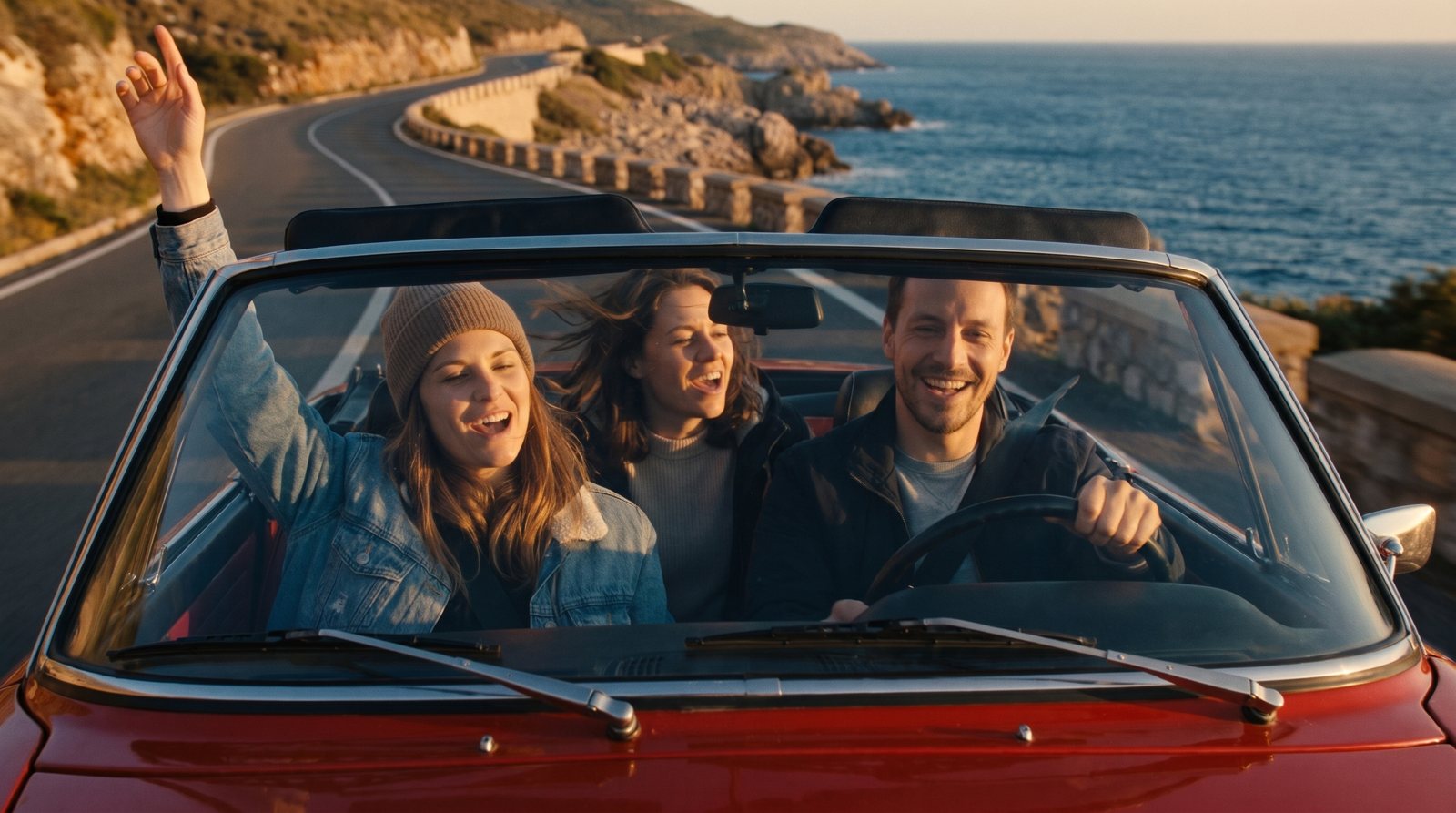 Die Freunde im Cabrio an der Küste